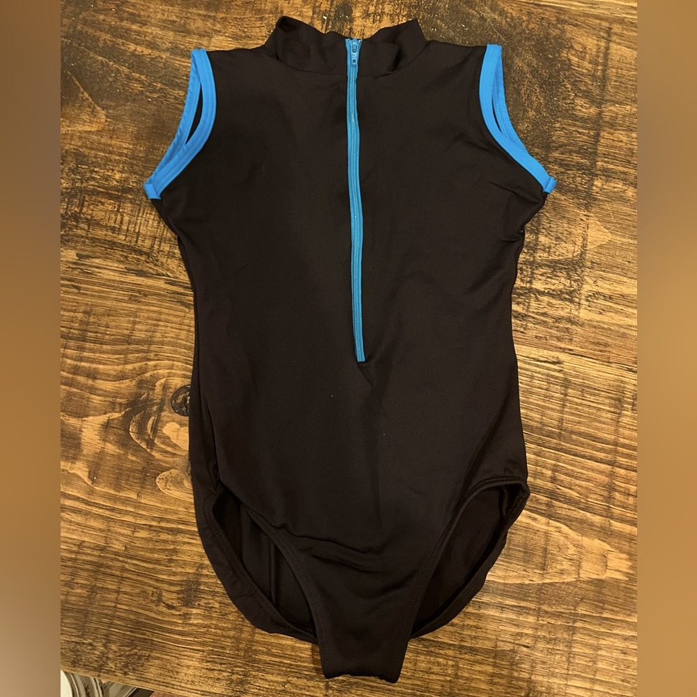 Youth Medium Black Quarter Zip Front Leotard with bright blue trim